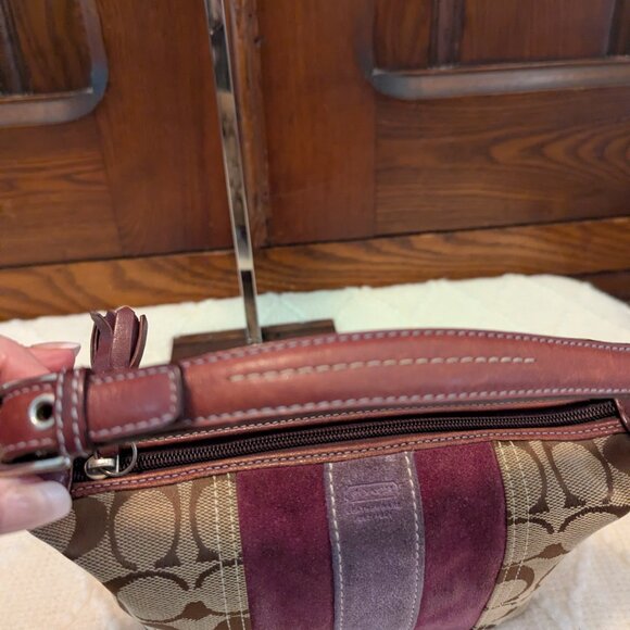 Coach Mini Handbag Brown Canvas Purple Suede Signature C Purse - Picture 9 of 10